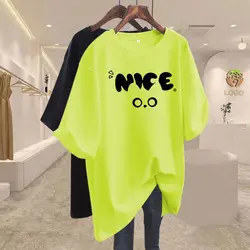 Women Fashion Casual O-neck Short Sleeve T-shirts Summer Letter Print Pure Cotton Basic Top Tee Loose Chic Y2K Pullover 45-105Kg