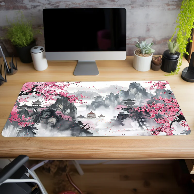 Cherry Blossom Large Mouse Pad Large Desk Mat Office Desk Accessories with Stitched Edge Non-Slip Mousepad Rubber Base Desk Pad