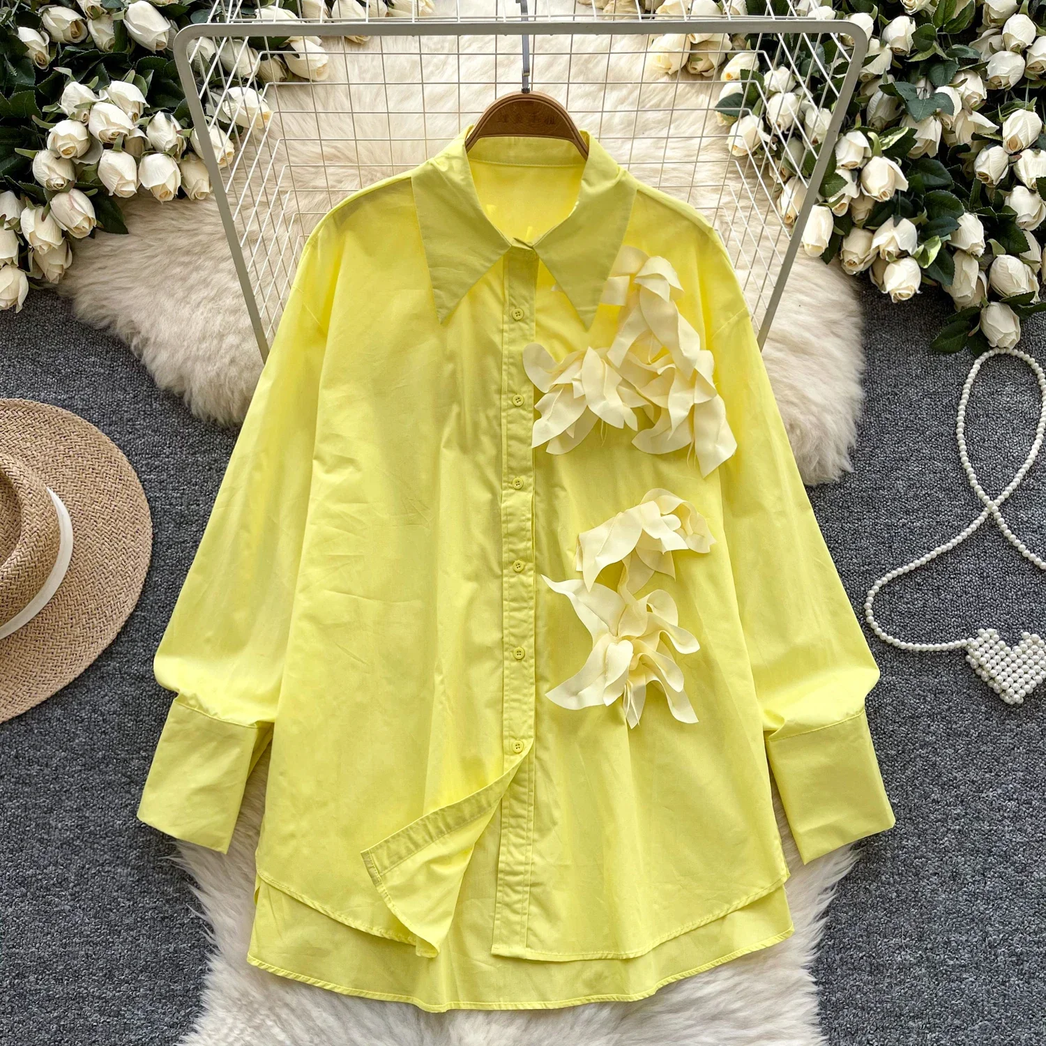 Vintage Polo-neck Elegant Long Sleeves Chic Three-dimensional Floral Slim Single Breasted Top Korean High Street Autumn Blouse