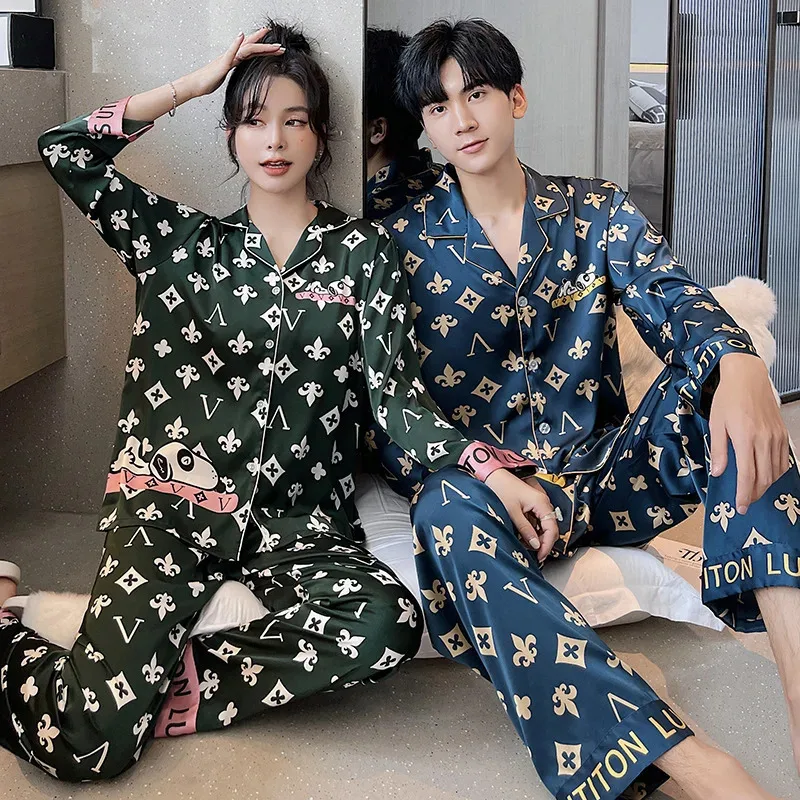 Light luxury Couples Home Furnishing Long sleeved Thin Rayon Open Front Korean Cartoon Home Outerwear Large Size Pajamas