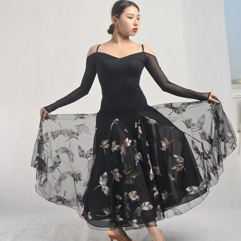 

Dancewear Dress Long Sleeves Ballroom Dresses Large Rose Dress Shoulder Straps Backless Waltz 2024 High Quality Black Dance Wear