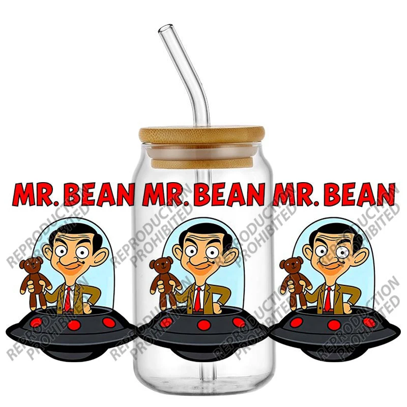 Mr. Bean Cartoon Pattern UV DTF Cup Wrap Transfer Stickers for 16oz Glass Water Bottle Waterproof Iron on Transfer Decals