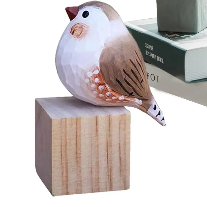 Wooden Bird Statue Fat Chirped Bird With Wood Chip Base Figurine Small Desktop Ornament For Living Room Decoration