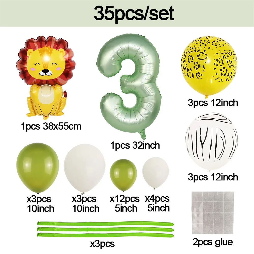 35 pz/set 32 pollici numero verde oliva animale leone palloncini Set Wild One Jungle Safari 1 2 3 4 5 6 anni decorazioni per feste di compleanno