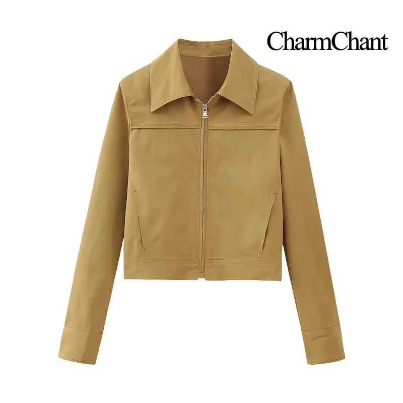 CHARMCHANT Womens Cropped Jacket Zip Up Lapel Collar Drop Shoulder Short Bomber Workwear Casual Outerwear Spring Autumn 2026