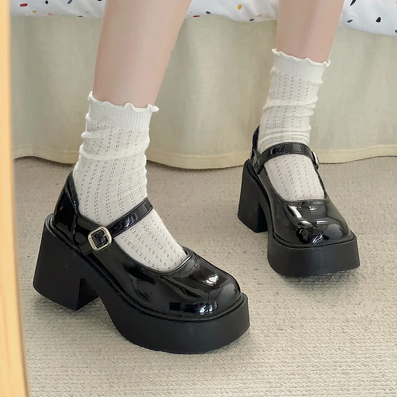 أحذية ماري جين على الطراز الكوري للنساء بكعب سميك سهلة الارتداء أحذية عصرية بكعب عالٍ على الطراز الجامعي أحذية جلدية للربيع و... #2