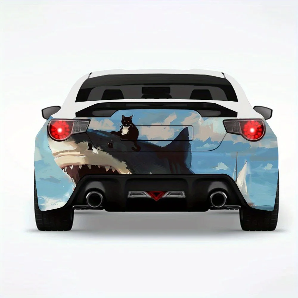 

Black Cat & Shark Adventure Car StickerVinyl Decal for Car Rear, Waterproof Self-Adhesive Vinyl Stickers for Vehicle Tail & Bump