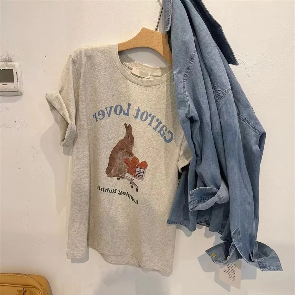 American Retro Grey T-Shirt Women's Shoulder Short Sleeve round Neck Pure Cotton Top Slimming Fashionable Korean Style Summer