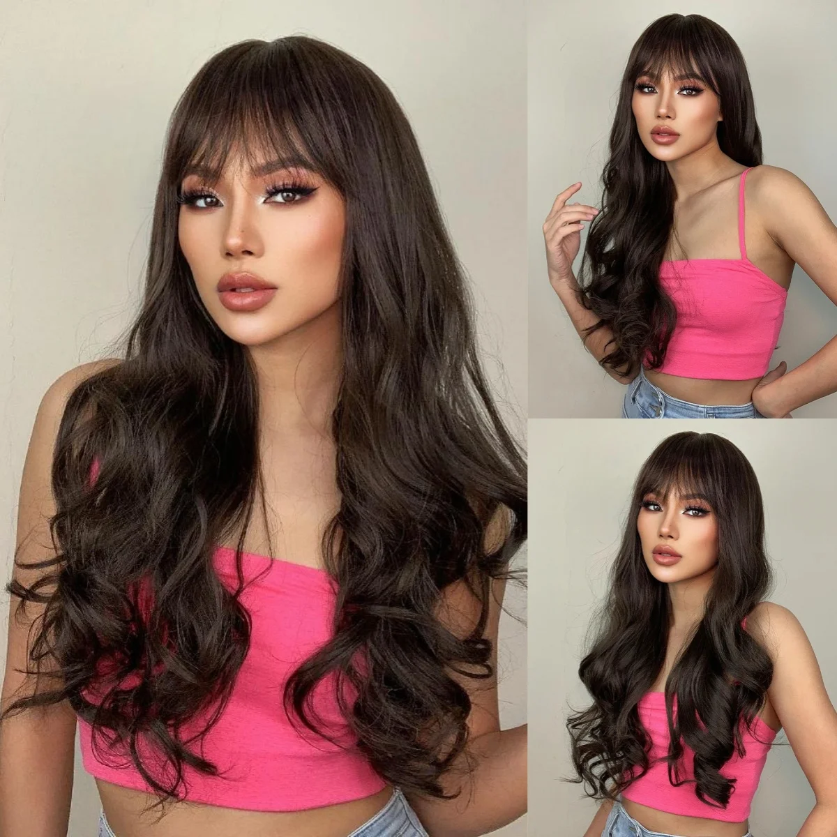 Dark Brown Long Curly Hair Synthetic Wig with Fringe. Halloween Party Cosplay Wig, Everyday Wig, Hot Wire Wig Set.