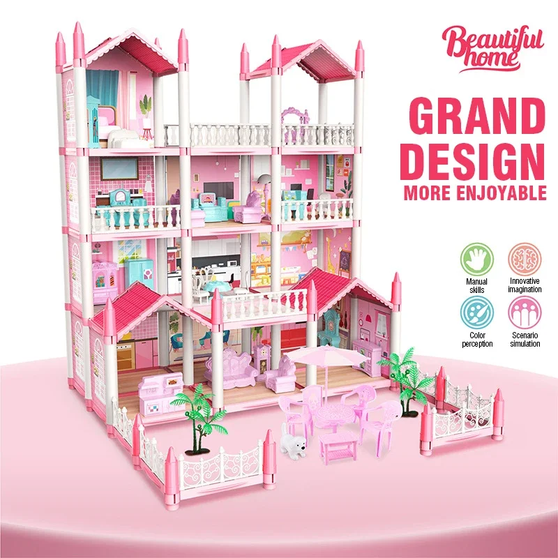 Large Doll House Assembly Villa House 3D Diy Dream Princess Castle Villa Assembly Doll House Set Toy Girl Pretend Family Toy