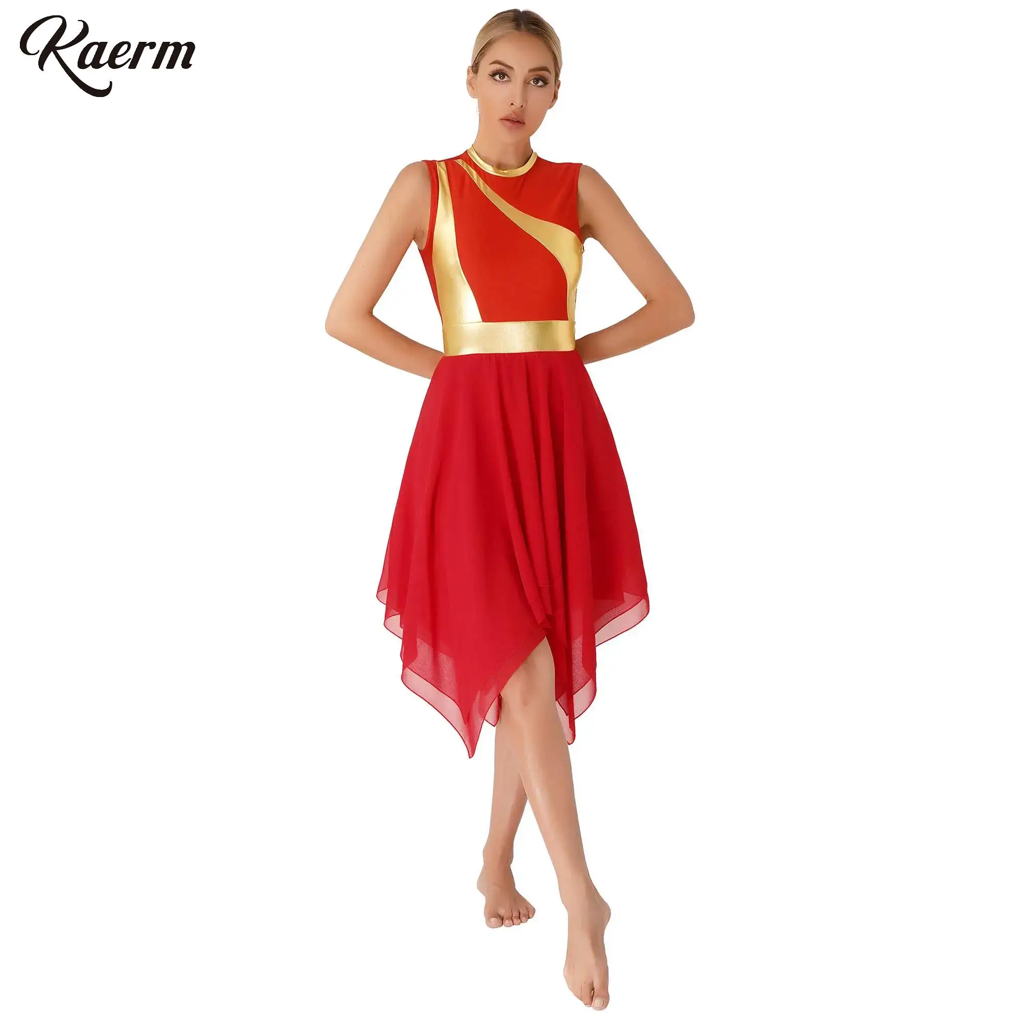 

Womens Ballet Lyrical Dance Costume Color Block Dresses Sleeveless Zipper Back Irregular Hem Skirt for Women Dancing Clothing