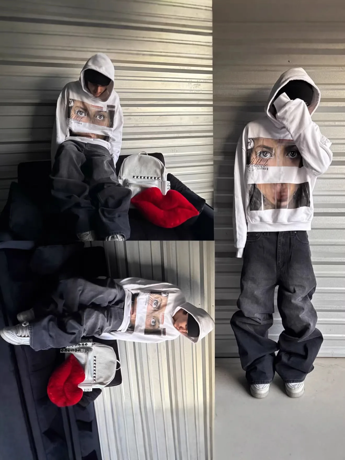 Vintage Grunge Figuren-Print Hoodie für Männer und Frauen, Split-Face-Kunstgrafik, Oversized Streetwear Kapuzenpullover