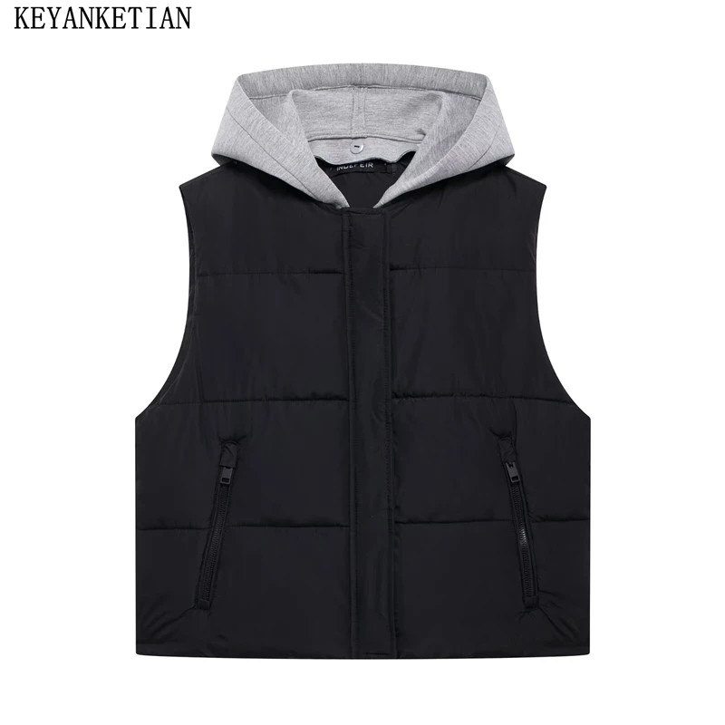 KEYANKETIAN 2024 Autumn/Winter New Women's Fake Two Hooded Vest Leisure style Color Matching Patchwork Padded Waistcoat Crop Top