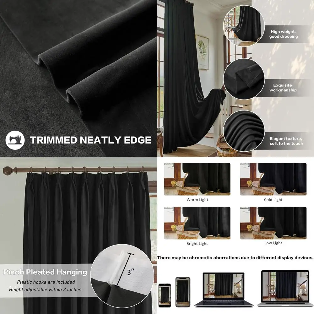 84 ستائر مخملية طويلة بطيات مع خطافات، معزولة حراريًا، سواد الغرفة، 52 عريضة، أسود