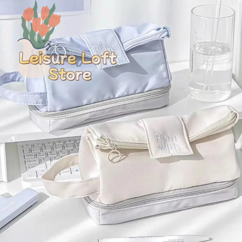 Fold-down Double-layer Pencil Case, Large Capacity, Japanese Minimalist Style.