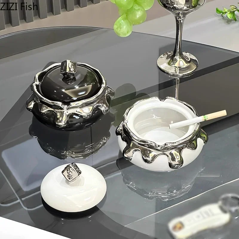 Silver Fluid Decorative Ceramic Ashtray Desktop Smoking Accessories for Weed Ash Tray Home Portable Ashtray Gift for Boyfriend