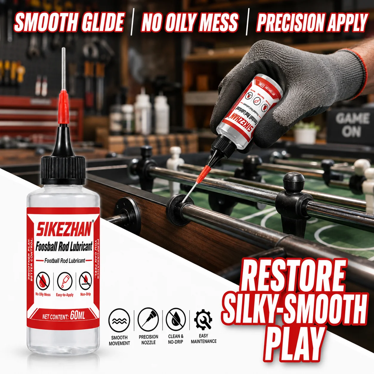 60ml Foosball Table Rod Lubricant Oil with Needle Applicator, Non-Drip Maintenance Fluid for Smooth Fast Table Football Play