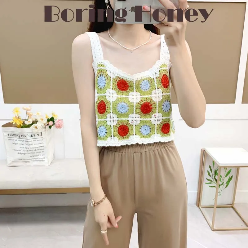 

Boring Honey Summer New Fashion Sweet Top Female Retro Flowers Crocheted Hollow Out Wearing Suspender Vest Short Slim Top Women