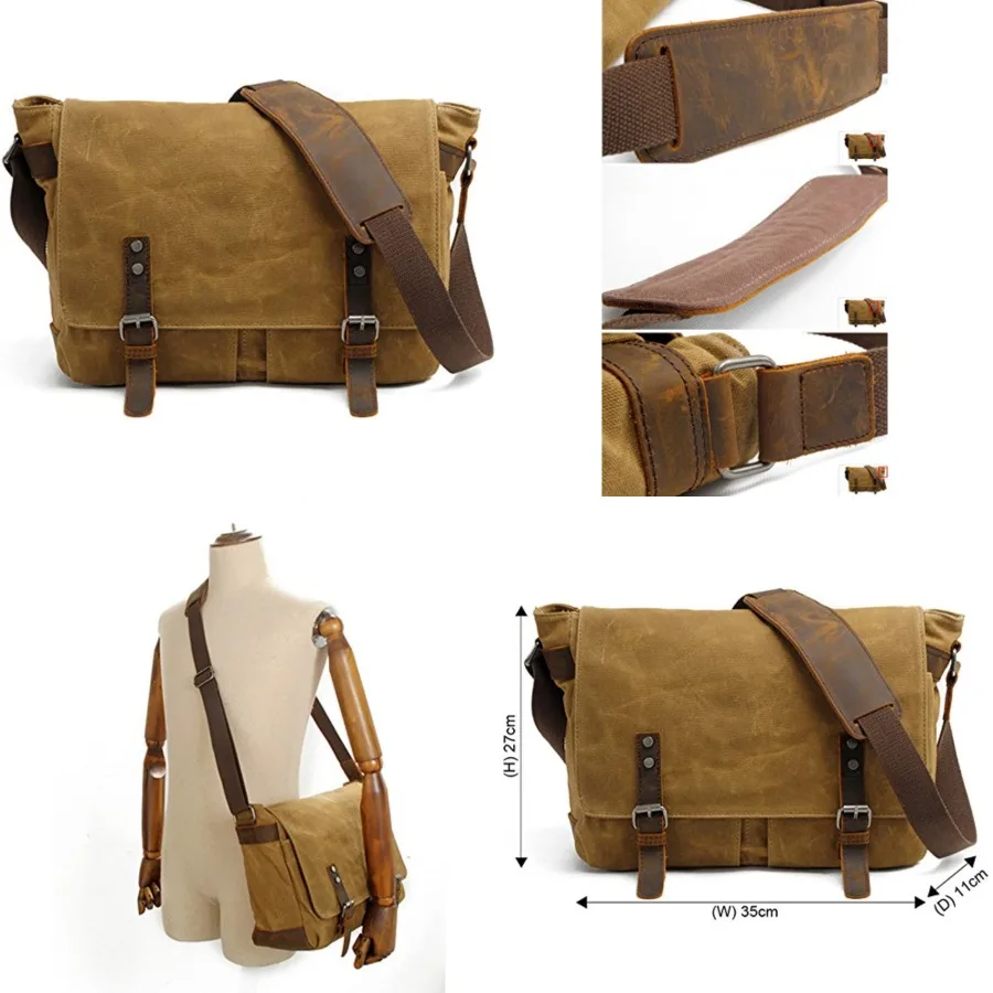 HuaChen Mens Messenger Bag, Vintage Genuine Leather Waxed Canvas Shoulder Bag for 14" Laptop, Rugged Briefcase Satchel