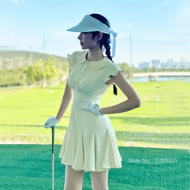 2024 Golf Blooming Dress Women Summer Korean POLO Shirt Dresses Golf Ladies Slim Sports Skirt Ruffle Sleeve Clothing with Ribbon