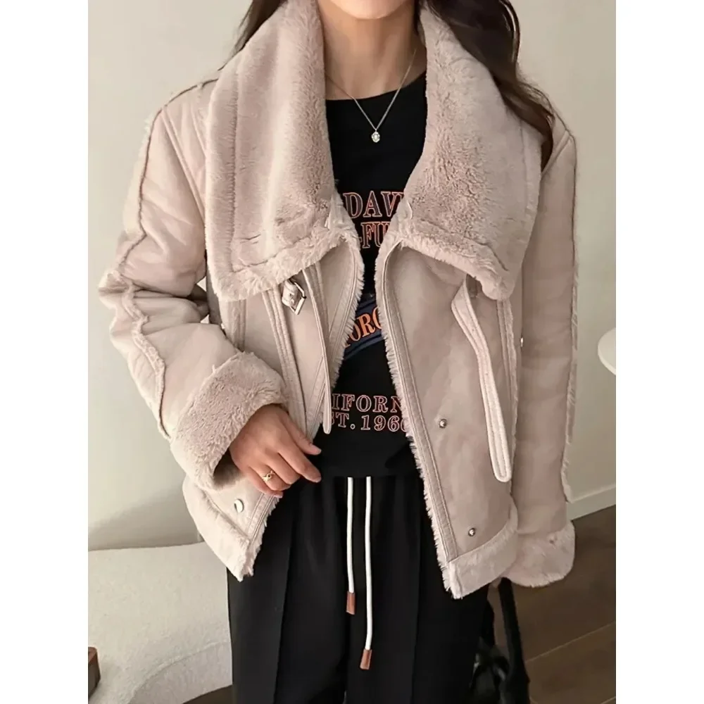 2024 New Women Vintage Thick Warm Eco-friendly Leather Fur Jacket Autumn Winter Streetwear Female Motorcycle Biker Coat Outwear