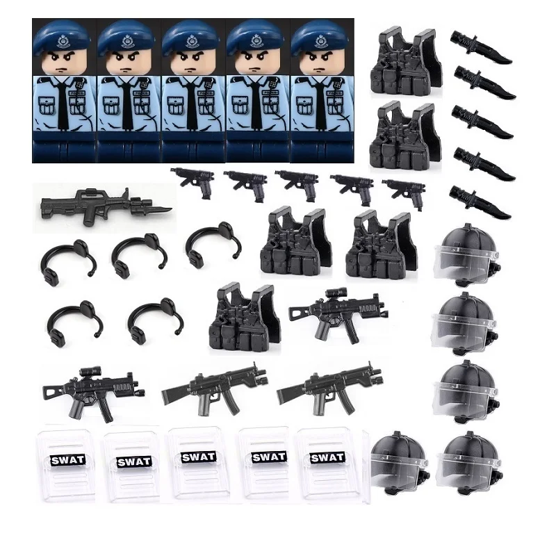 5PCS/SET Hong Kong City Police Military MOC Building Blocks City SWAT Team for Children Weapons Figures Brick Mini Toys Hobbies