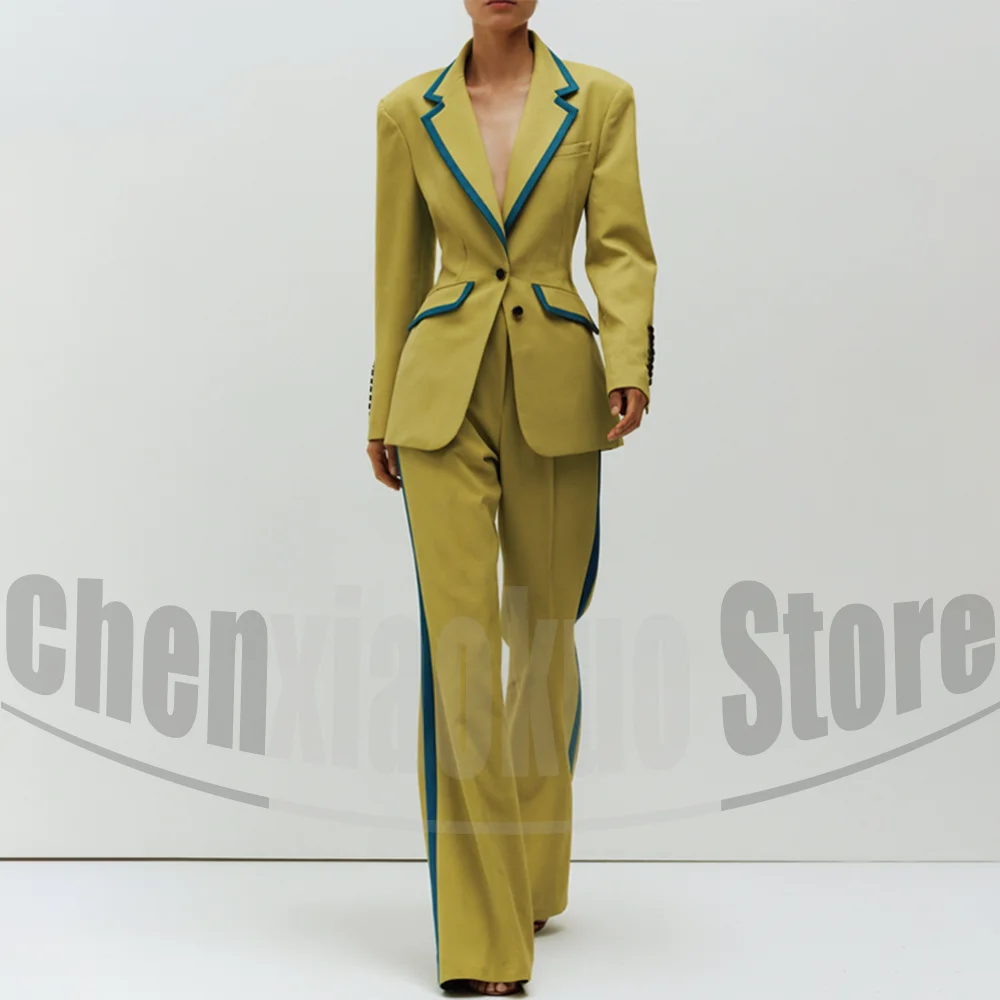 

Women's Olive Green Suit Set with Blue Trim Fashion Runway Party Prom Outfit Chic Daily Casual Slim Pants Suits 2 Piece