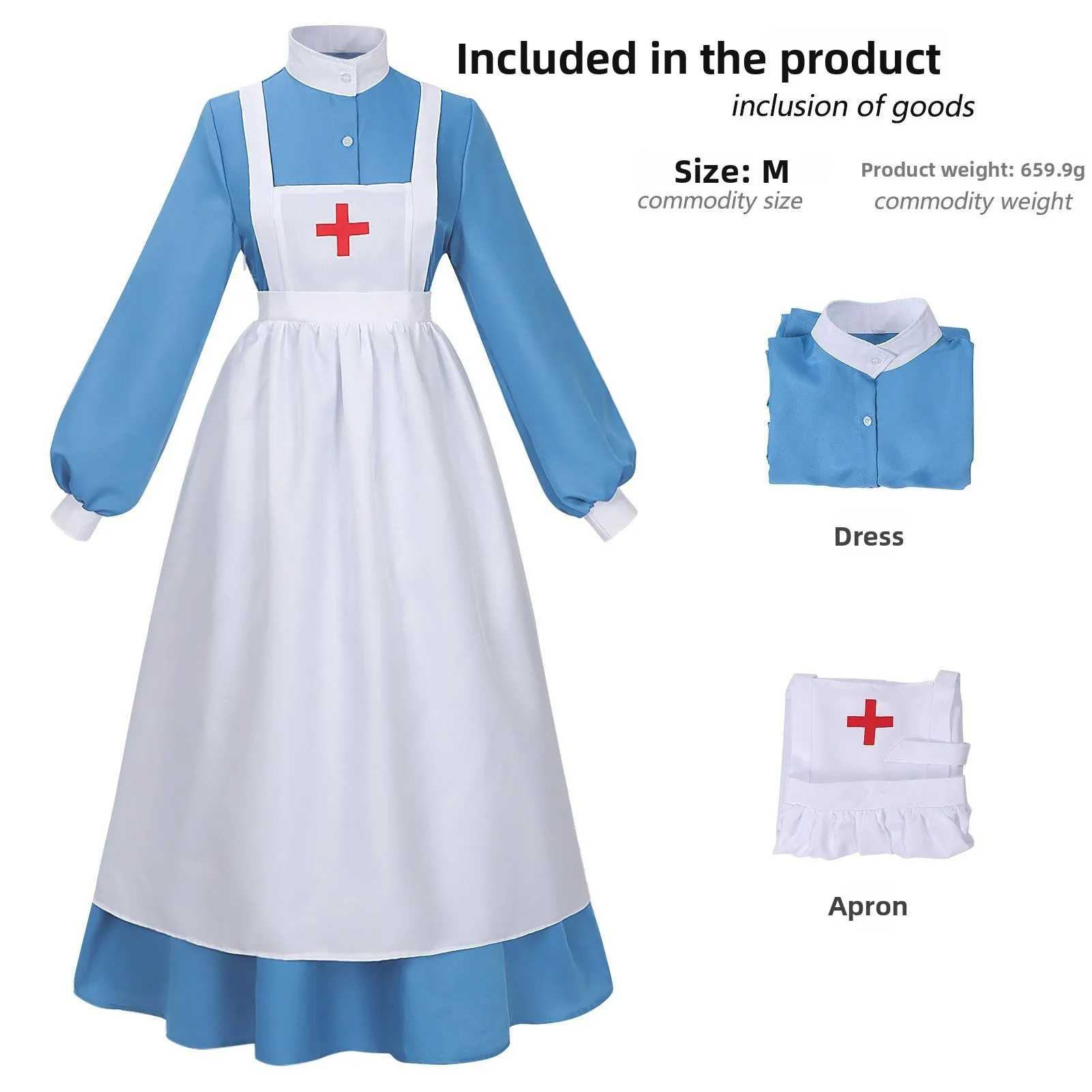 Damen Krankenschwester Nonne Kostüm mit Puffärmeln und weißer Schürze, Gothic Halloween Horror Party Cosplay Event Kirchen-Thema Outfit – Detail 3