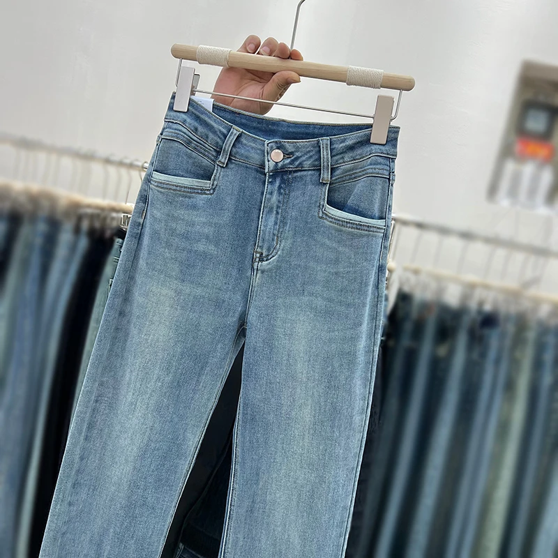 Small straight jeans female collision color design versatile high-waisted splicing flap Slim nine-minute elastic pipe pants