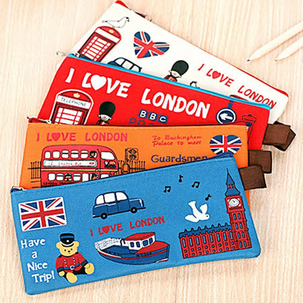 Students Pencil Bag Cartoon London Pencil Case Pen Storage Bag Zipper Cute Stationery Office School Pencil Pouch Cosmetic Bag