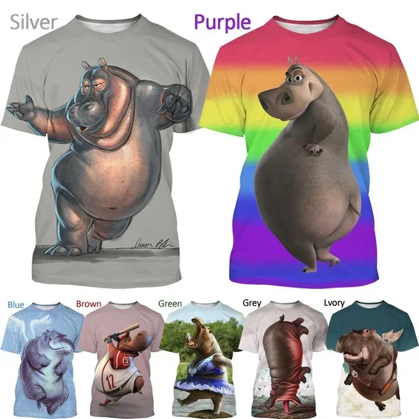 Summer Fashion Personality Hippo 3D Printing T Shirt Hip Hop Rock Casual Animal Short Sleeved Tee Shirts