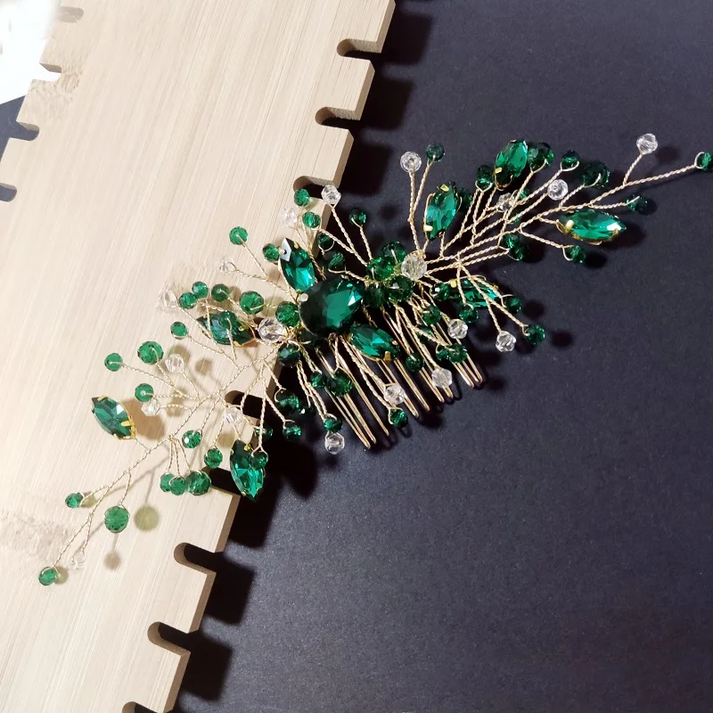 Заколки для волос невесты, диадемы, стразы, зеленые гребни для волос для женщин, модные заколки с бисером и золотыми листьями, боковые заколки для невесты, свадебные украшения