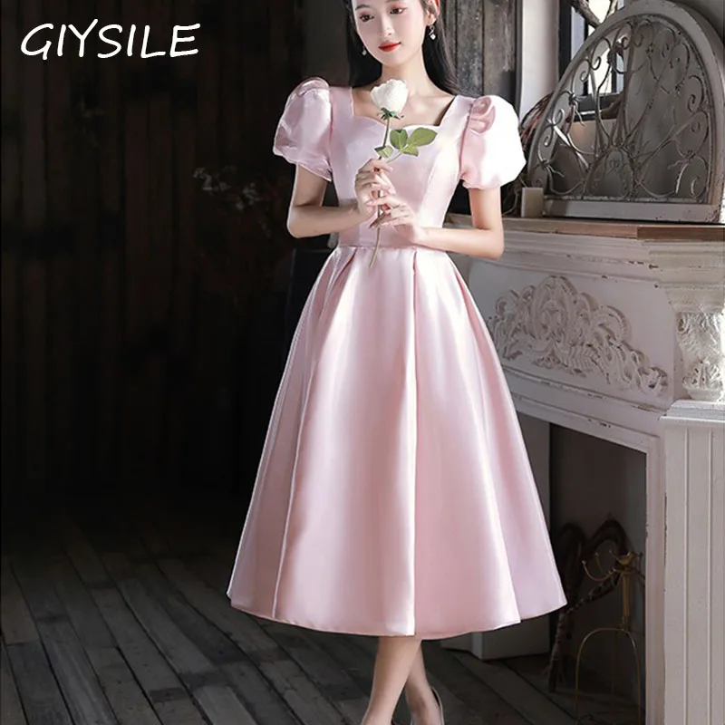 Pink Evening Dress for Women, Simple French Puff Sleeves, Elegant Satin Princess Dresses, Mid-length Bridesmaid formal Dress