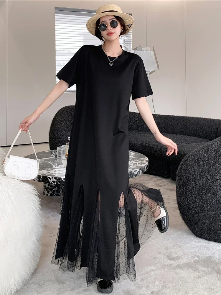 

2024 Summer New Korea Woman Dress Vestidos Robe Elbise Loose Plus Size Short Sleeve Patchwork Mesh Fish Tail Long Dresses