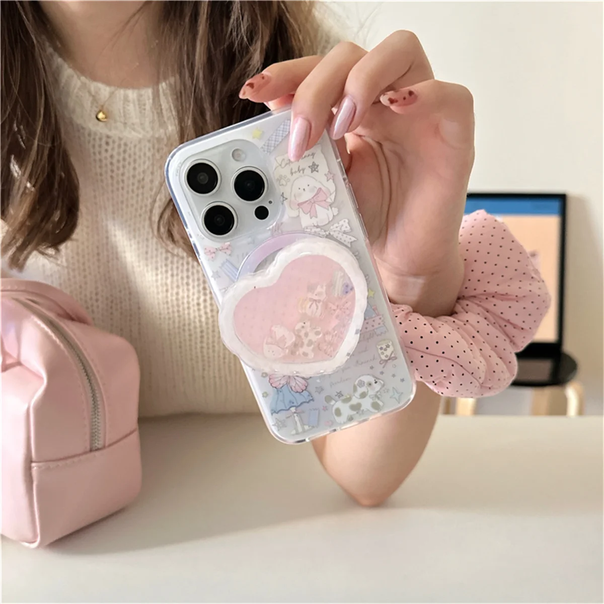 

Korean Cute Cartoon Bear Magnetic Phone Case For iPhone 16 Pro 14 15 13 Pro Max Cover with Holder For Magsafe Cases