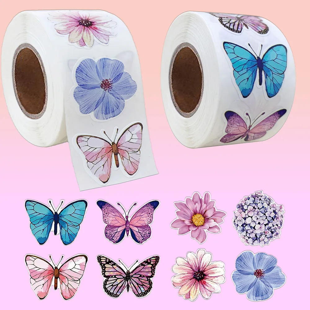 500Pcs/Roll Vivid Butterfly Flowers Stickers 2.5cm/1.0inch Diy Decals Decor Use to Adorn Gifts Notebook Kettle Phone Seal Labels