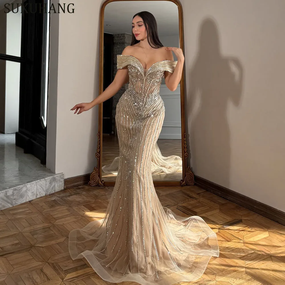 

SUKUHANG Champagne Mermaid Cap Sleeve Luxury Beaded Exquisite Formal Party Gown Customized Stunning Long Evening Dresses