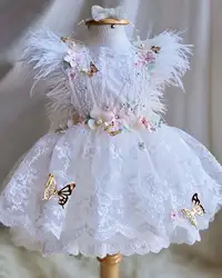 Abiti da ragazza di fiore con farfalla di piume bianche per matrimoni Abiti da festa per spettacoli di compleanno in pizzo per bambini in tulle