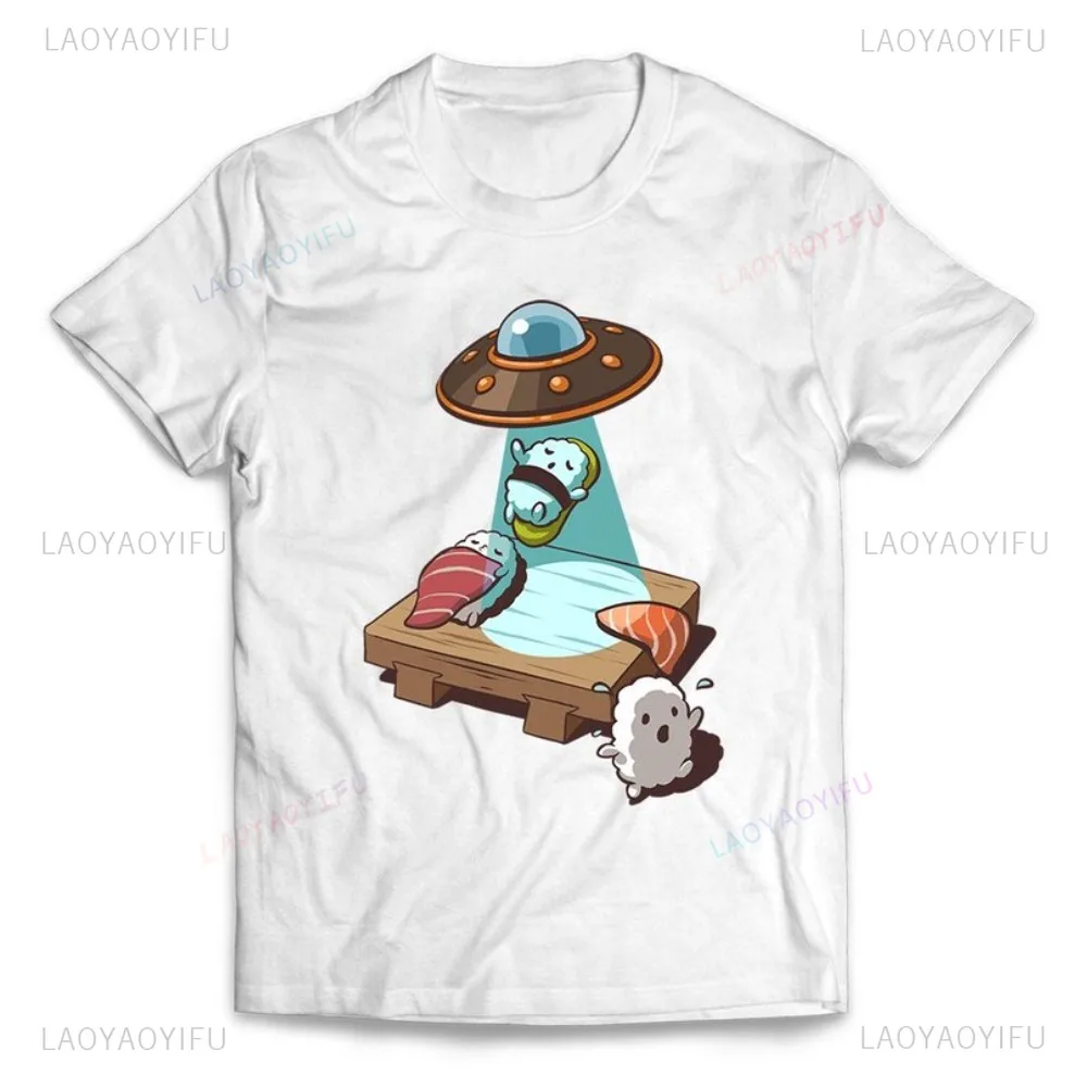 Sushi UFO Alien Abduction Short-Sleeve Unisex T-Shirt Casual Fashion Loose Harajuku Cotton Man Tshirt Funny Japanese Food Tees