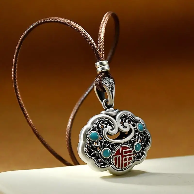 Enamel Cloisonné Ping An Lock Pendant Necklace S925 Sterling Silver Vintage Elegant Jewelry for Women Unique Protective Talisman