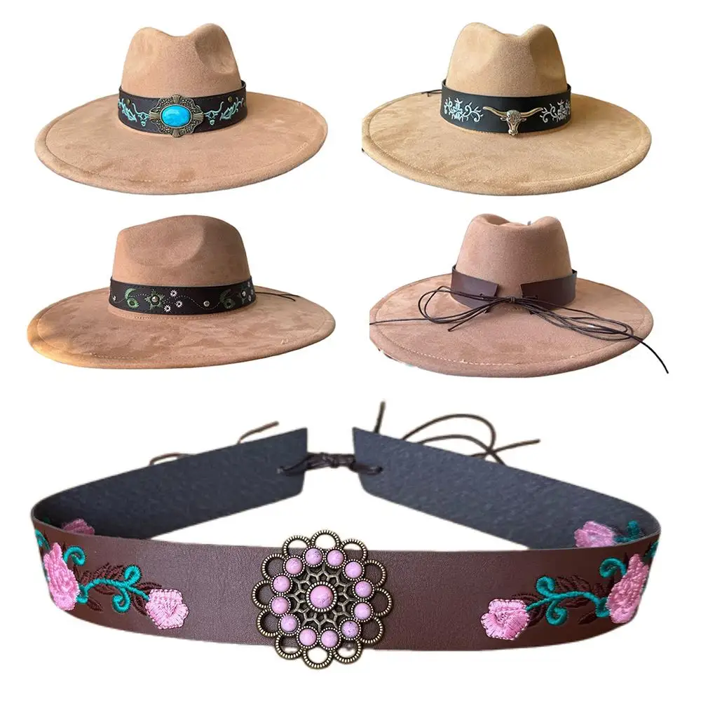 

Hat Strap Decorative Accessories Ethnic Style Retro PU Multifunction Lace Up Waist Belt Retro Pattern Decoration Hat Decoration