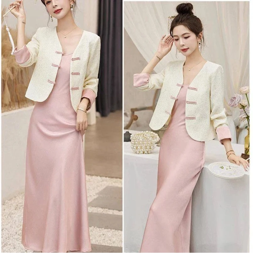 

Модный женский комплект на весну и лето, новые стили, красивое и высококачественное платье-бретелька, комплект из двух предметов