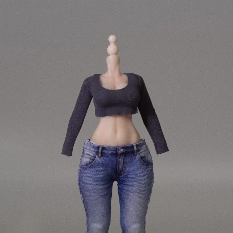 1/12 Maßstab, Damen-T-Shirt mit U-Ausschnitt und langen Ärmeln, bedruckte Jeans, Kleidung und Accessoires für 6-Zoll-Actionfiguren, Romankey Figma SHF Modell. – Detail 3