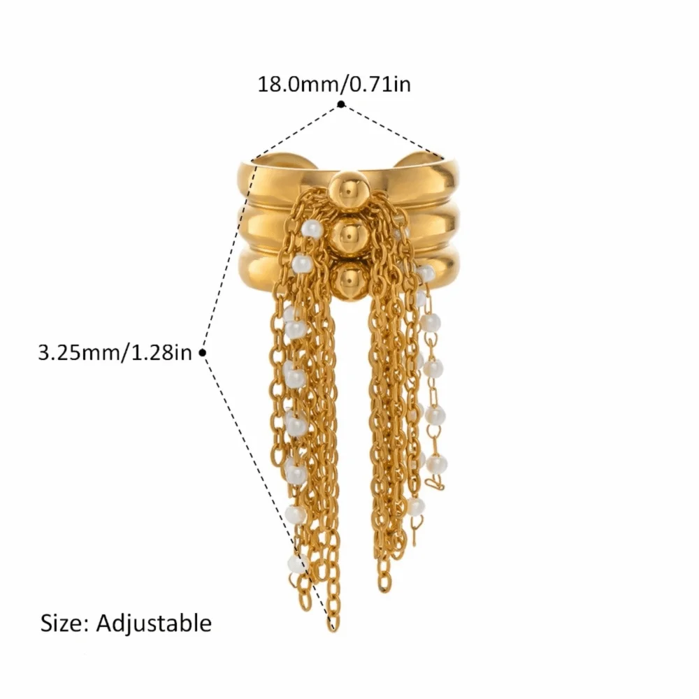 High Quality Stainless Steel Tassel Ring Beaded Chain Three-Layer Gold Color Plated Ring Open Finger Ring Jewelry Accessories