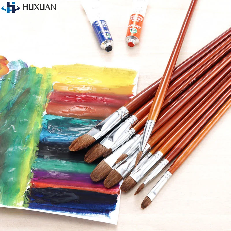 

12pcs/Set Professional Weasel Hair Oil Painting Brushes Hazel Shape Row Pen Long Birch Rod for Acrylic Drawing Art Supplies