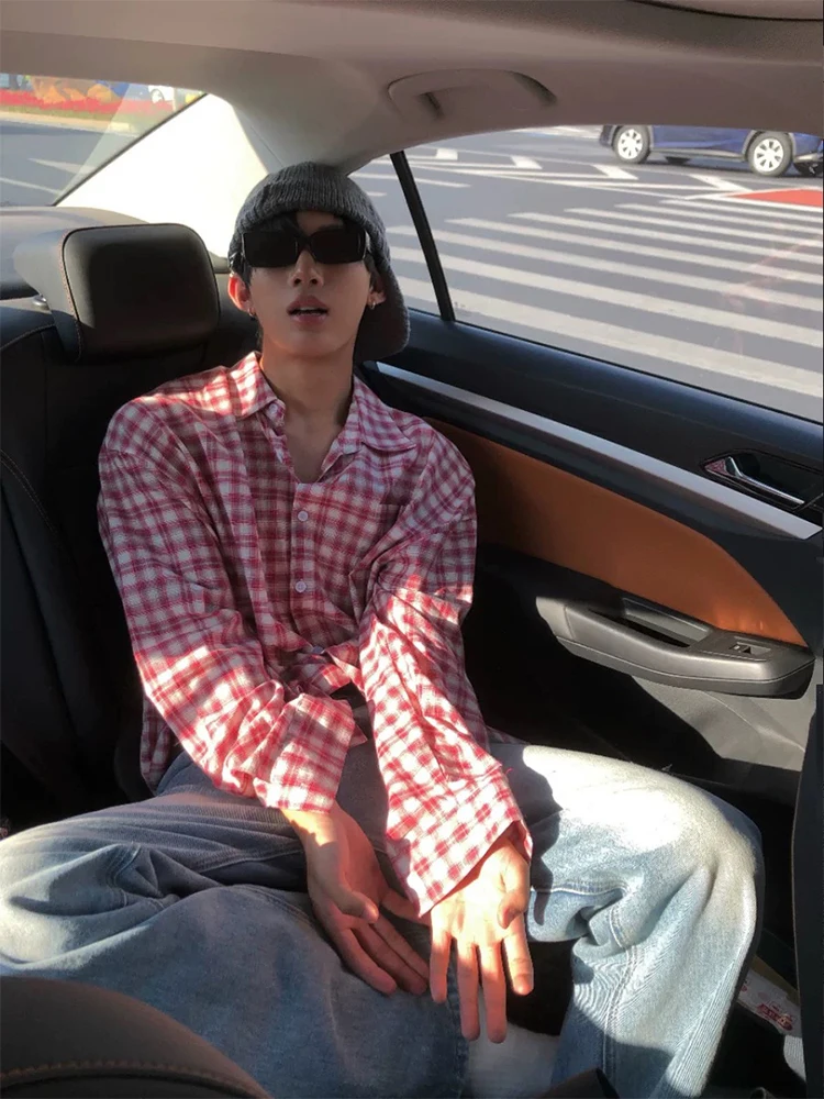 

Laid-ba Plaid Long Sve Casual irt Men's Autumn High-end Retro American Sle Couple's Outerwear Loose Fit Youth Trend