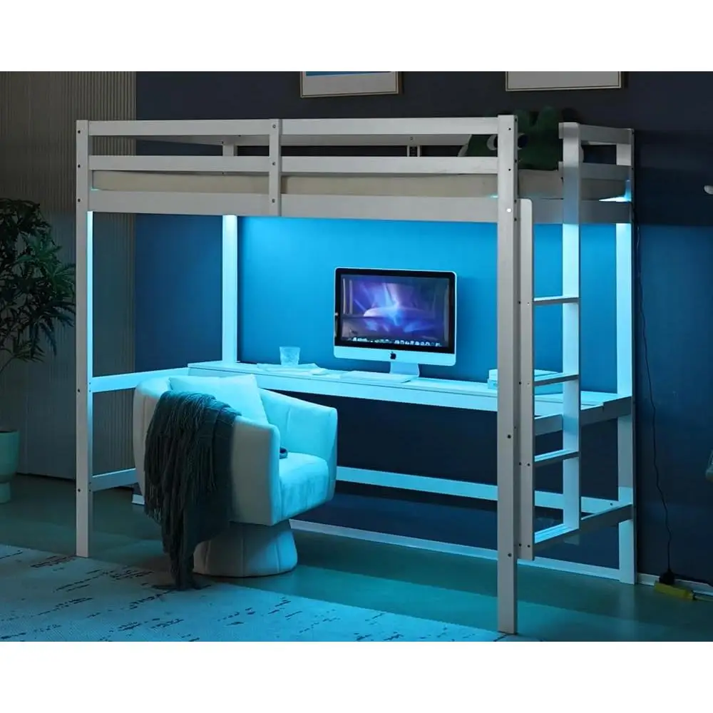 Loft Bed with Desk RGB LED Light Charging Station Guardrail Pine Wood Twin Size Functional Space-Saving Furniture Adults