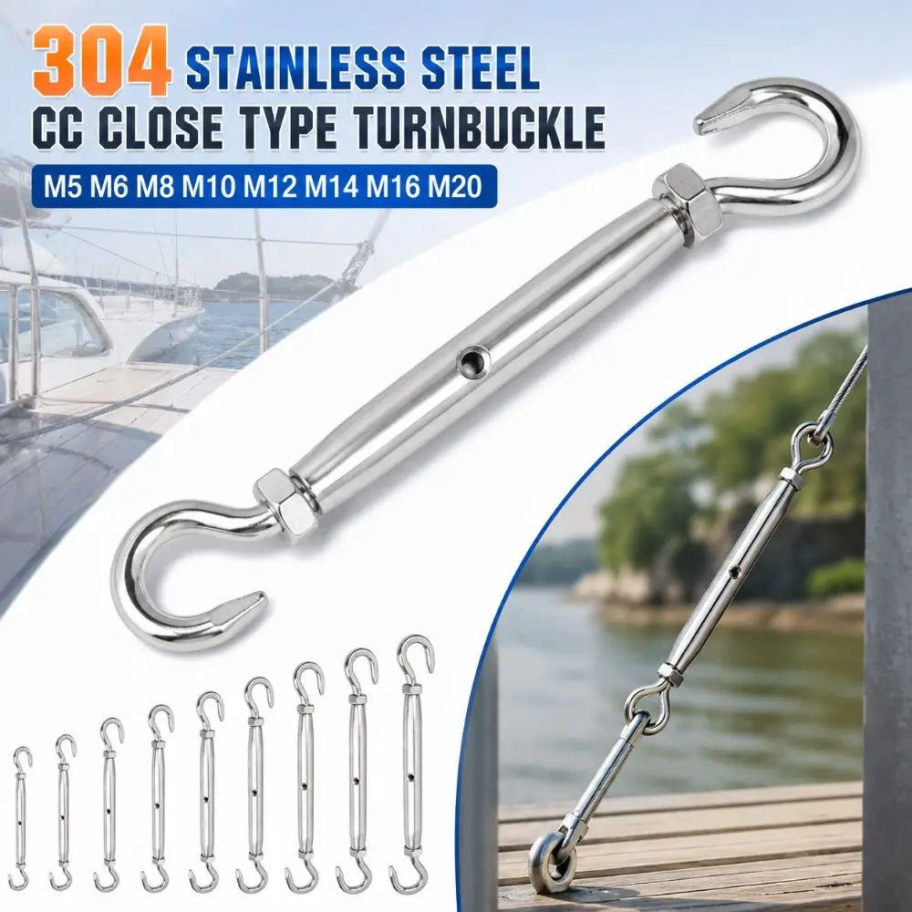 304 Stainless Steel CC Close Type Turnbuckle Adjustable M5 M6 M8 M10 M12 M14 M16 M20 Wire Rope Tensioner Rust Proof Sturdy