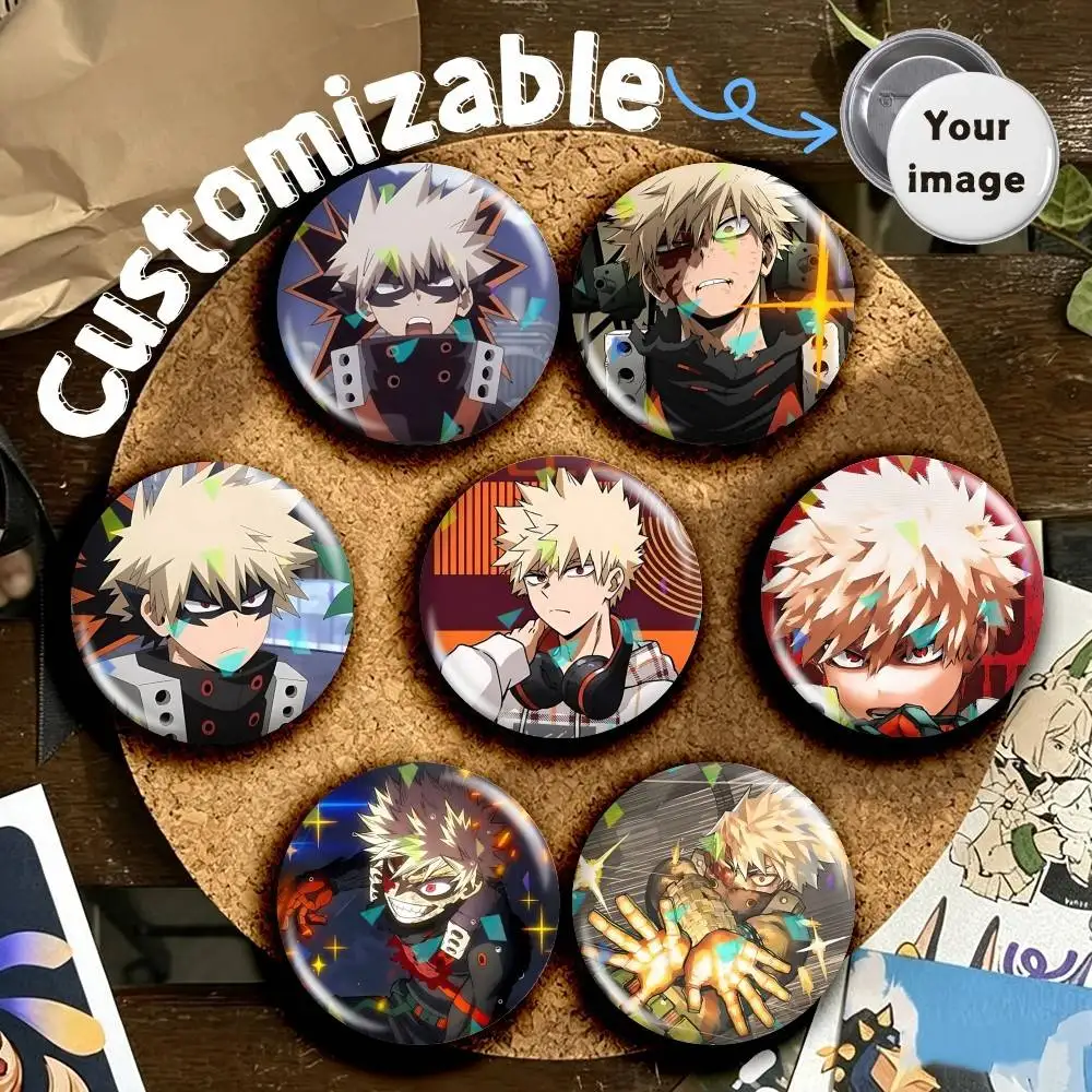 Kacchan MHA K-Katsuki Bakugo Round Brooch Pins, Personalized Badges With Broken Glass Design Fashion Accessory