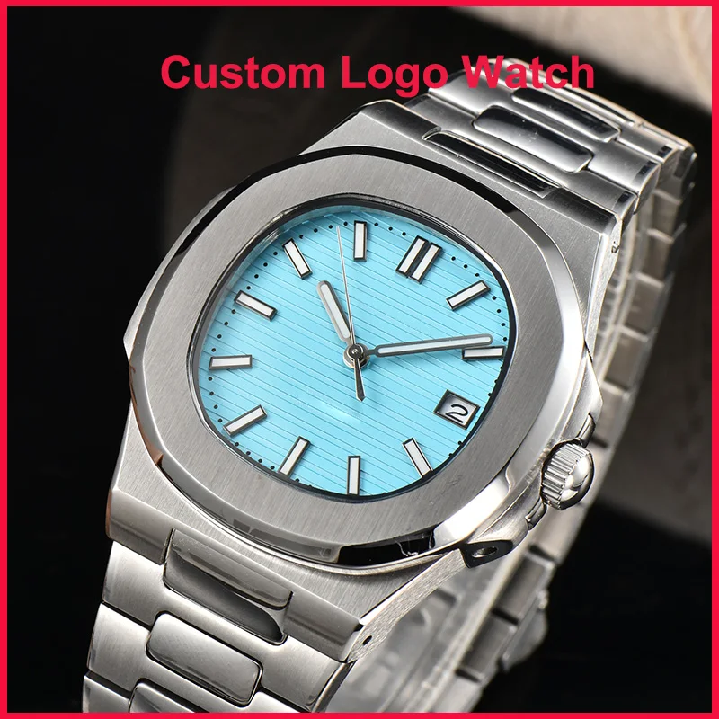 Ice Blue Custom S Logo For Watch Men 40mm Automatic NH35 Luxury PP Brand Nautili Design Waterproof WristWatches Transparent Back